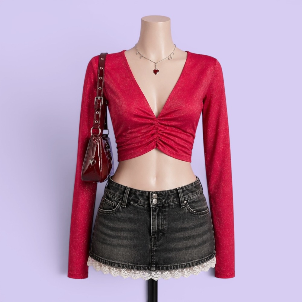 Almost Famous Red Shimmery Ruched V-Neck Long Sleeve Crop Top Women's S Party